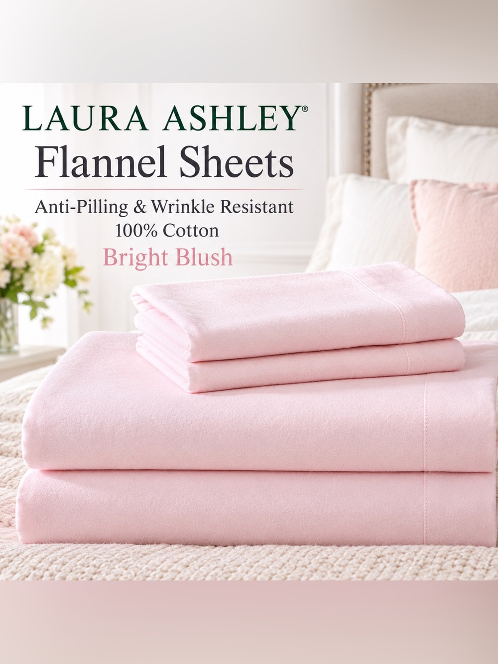 Laura Ashley Flannel Sheets Anti-Pilling & Wrinkle Resistant Cotton,Bright Blush